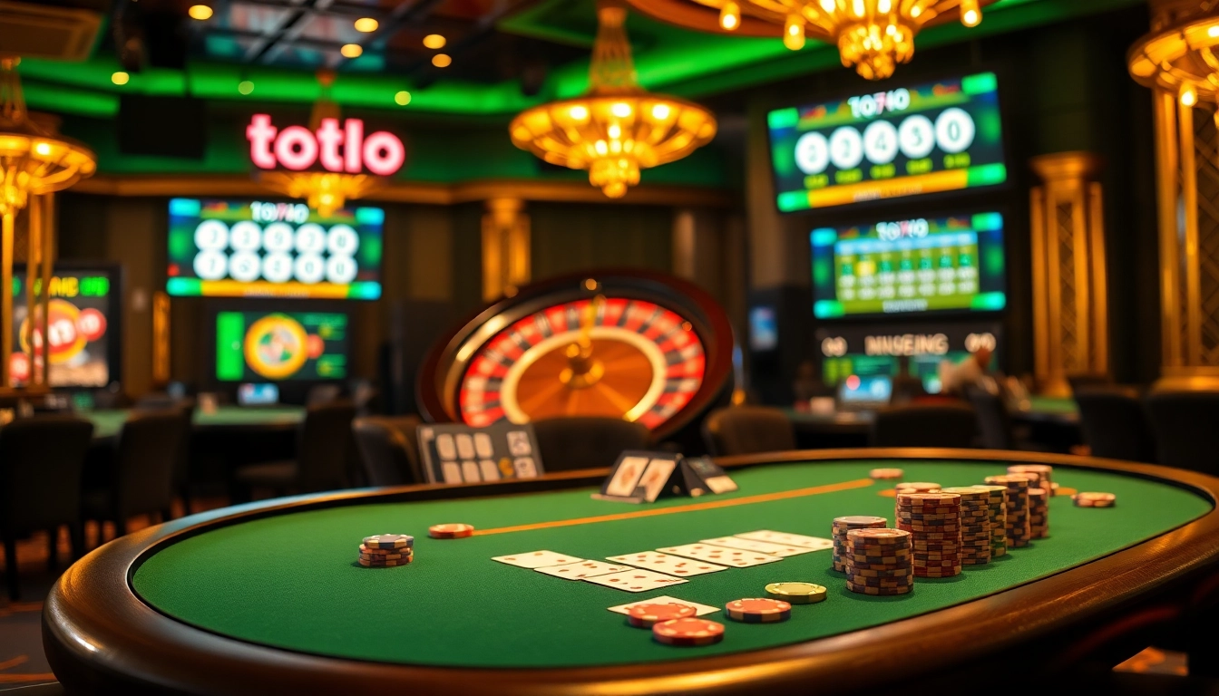 Nikmati permainan Toto4D yang mendebarkan di meja kasino elegan dengan kartu berwarna cerah dan chip.