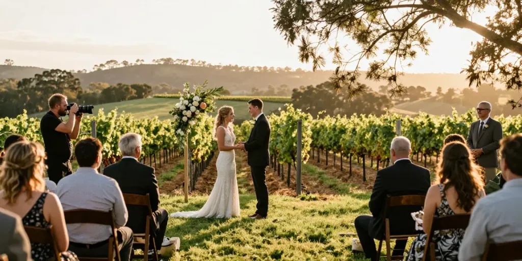 Pokolbin wedding photography capturing a couple's vows in a vineyard setting during golden hour with natural light.