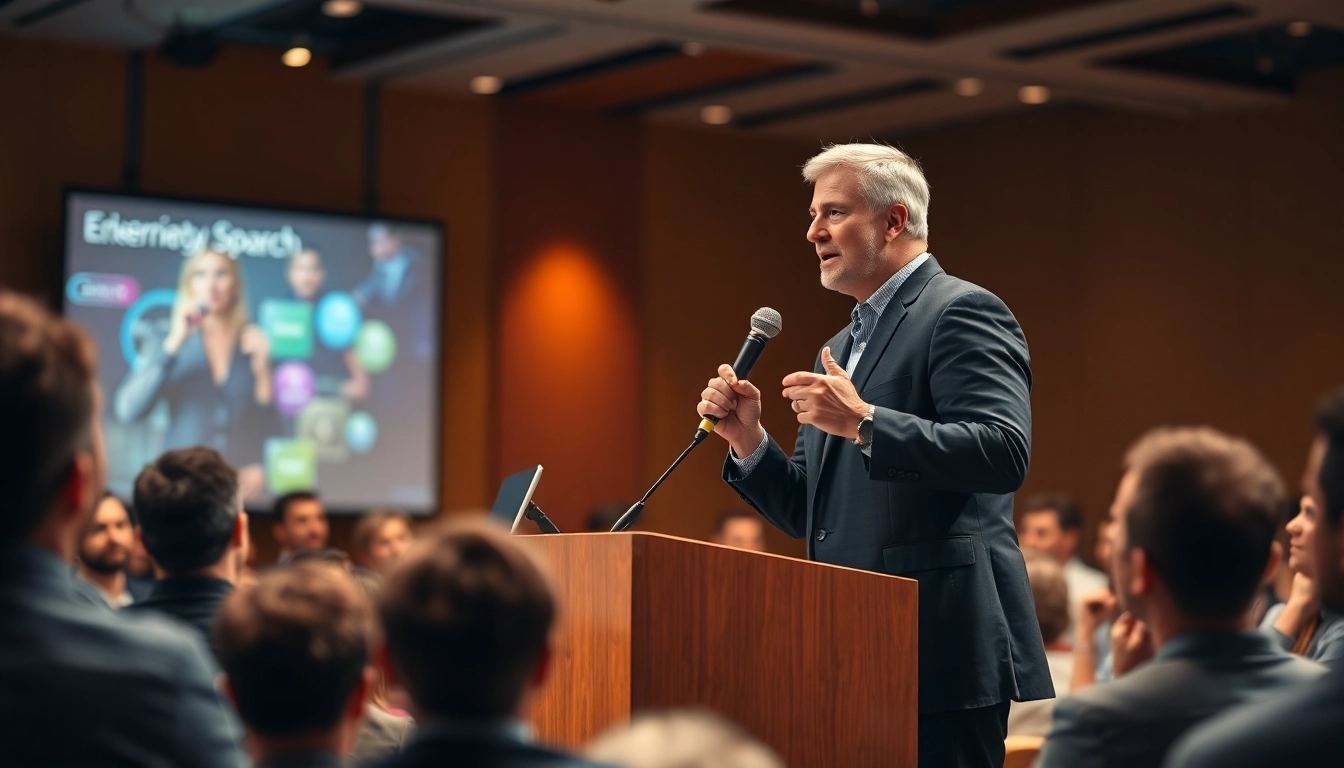 Public Speaking Coach engaging audience with dynamic presentation in a conference hall.