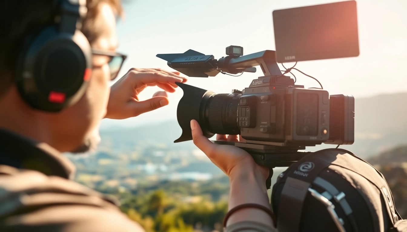 Cinematic video production session with a videographer outdoors adjusting camera settings amidst stunning scenery.