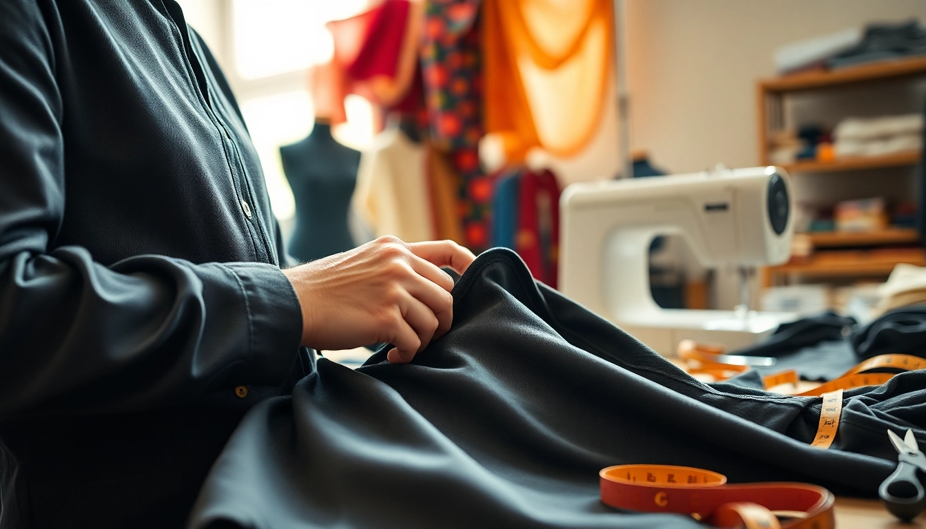 Clothing alterations near me Nashville showcased by a tailor meticulously working on a garment in a bright sewing studio.