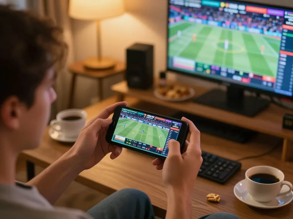 Engaged user at home using alexis77 mobile app for live sports betting and payments.