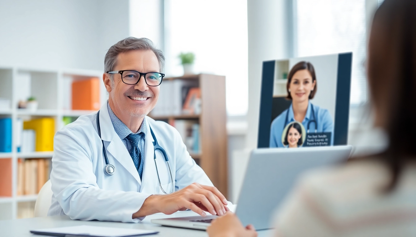 Engage in telehealth by talking to a doctor online without appointment in a professional setting.