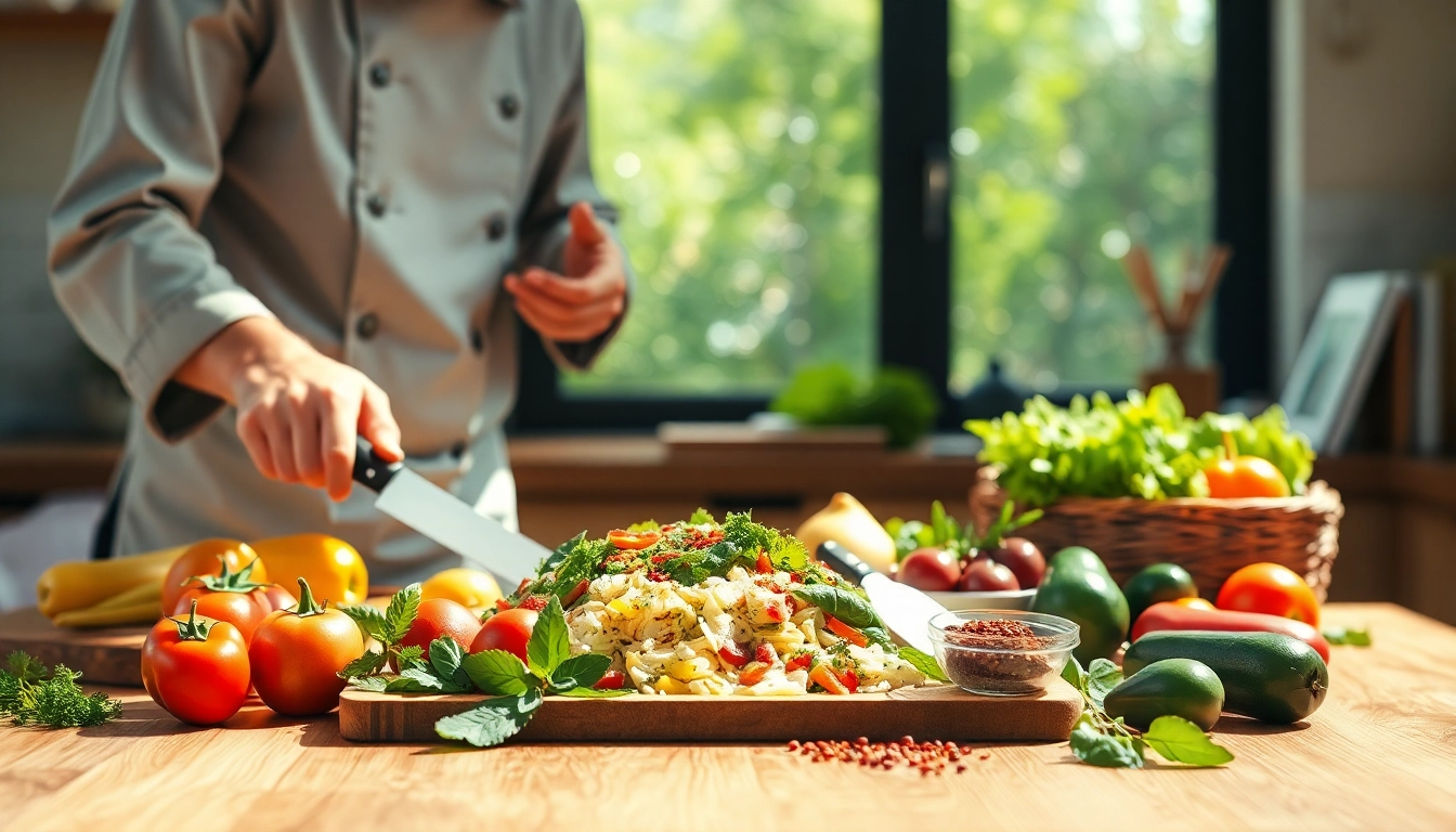 Engaging scene at dishfacts.com with a chef preparing vibrant ingredients in a sunny kitchen.
