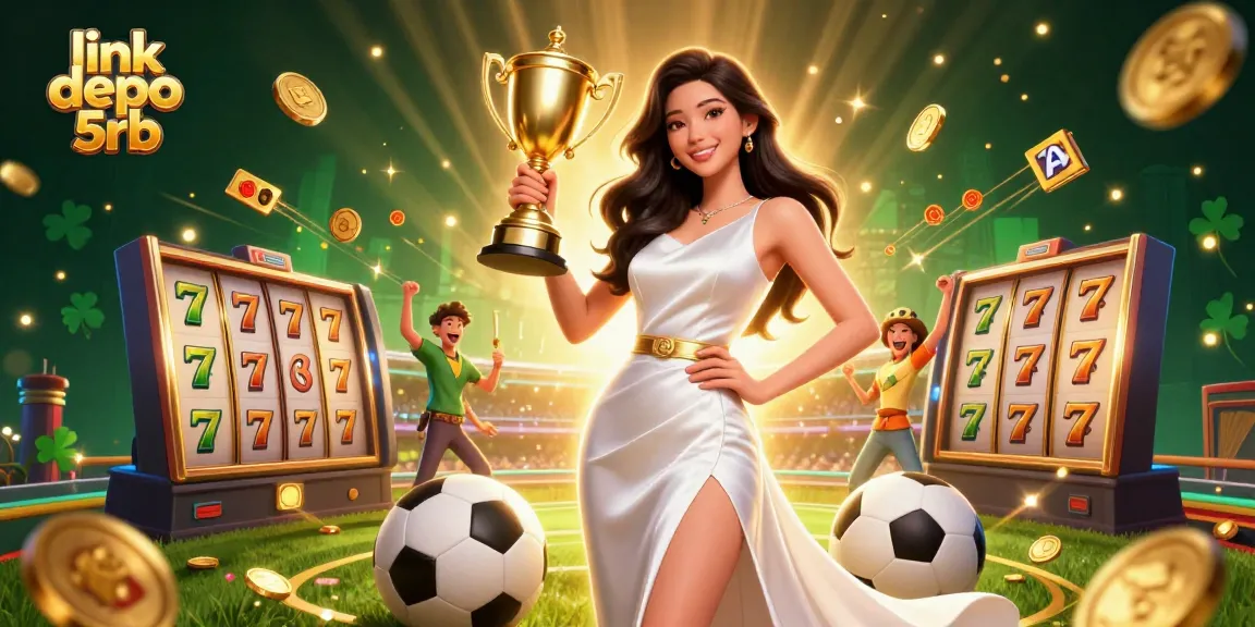 Experience excitement with link depo 5rb as the victorious Asian woman celebrates with a golden trophy amidst dynamic slot gaming elements.