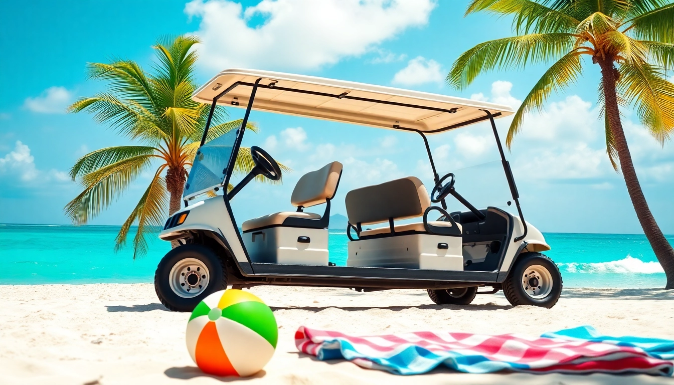 Rent a stylish golf cart for adventure in San Pedro Belize at a scenic beach setting.