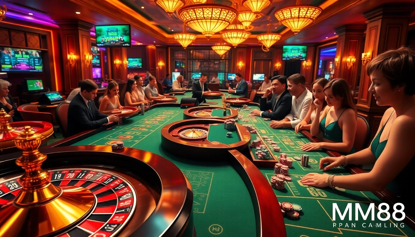 Experience thrilling gameplay at MM88 with lively casino tables, cards, and poker chips.