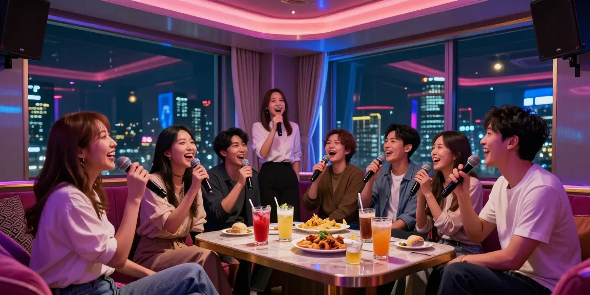 gangnamtune.com/ 강남가라오케에서 즐거운 노래와 음료를 나는 친구들, 화려한 조명과 현대적인 인테리어 배경.