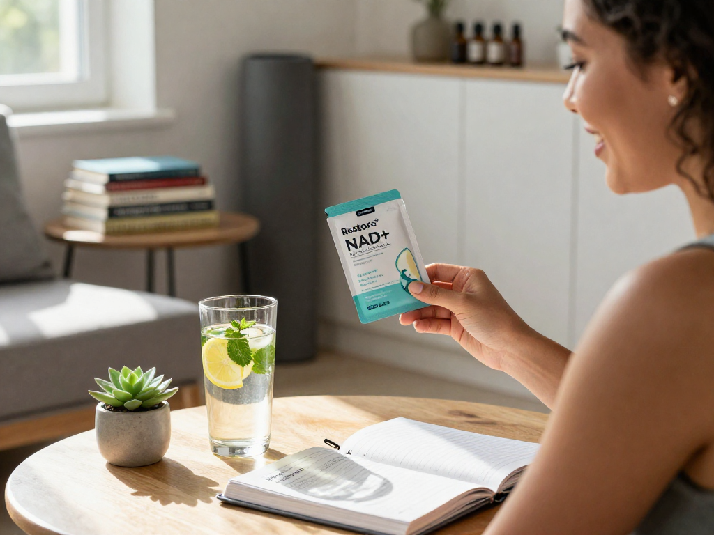 Experience NAD+ benefits with a wellness enthusiast enjoying buccal strips in a serene home setting.