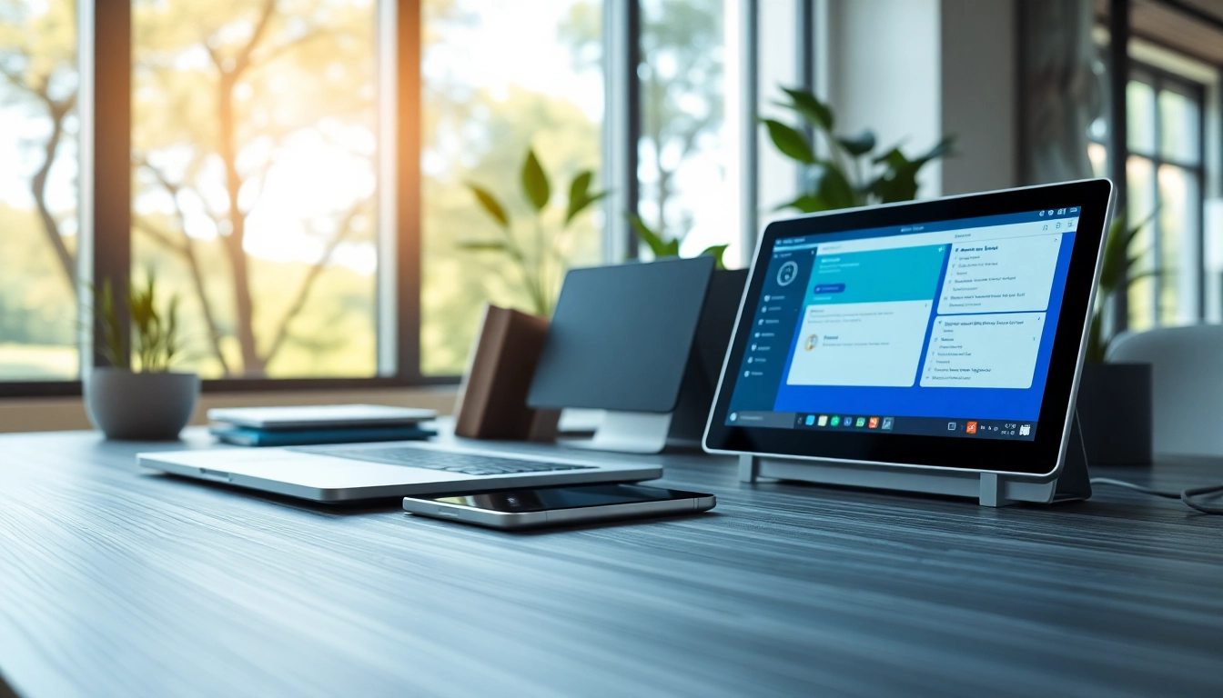 Showcase of essential ai tools in a modern workspace with digital devices and natural lighting.