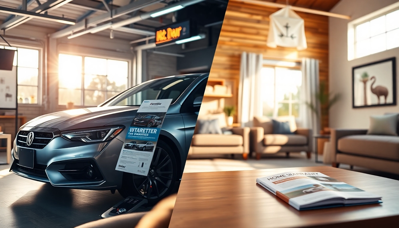warranty protection for cars and homes represented by a split-screen design showing an elegant car and a cozy living room