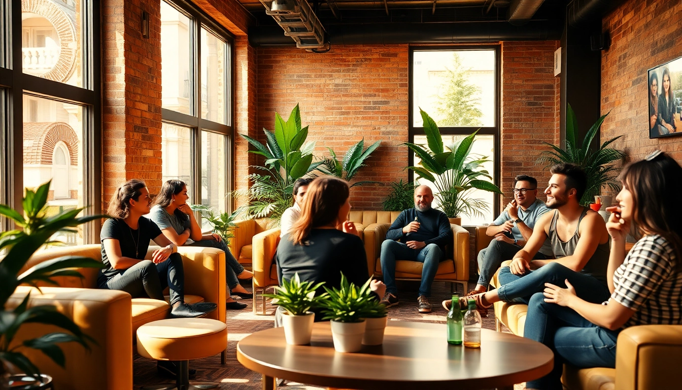 Gathering at Mr Joint weed Club Madrid, showcasing community and cannabis enjoyment in a stylish lounge.