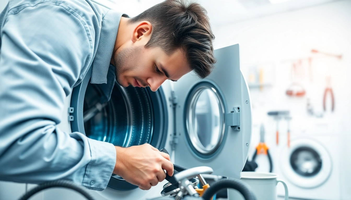 Technician performing washing machine repair in a bright laundry room.