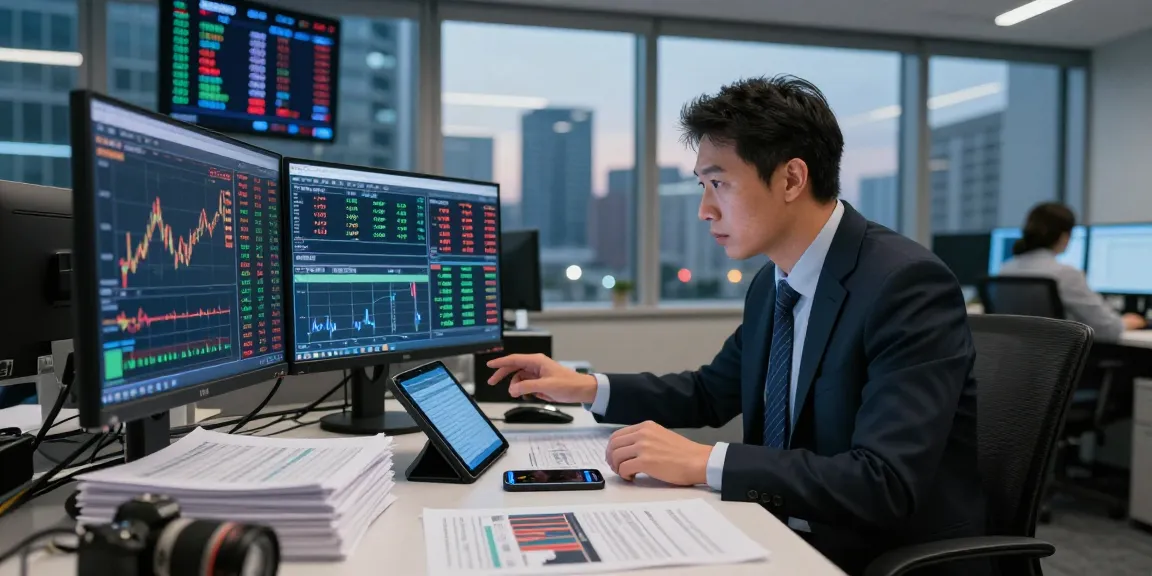 Trader analyzing currency exchange rates live in a modern office setting during evening.