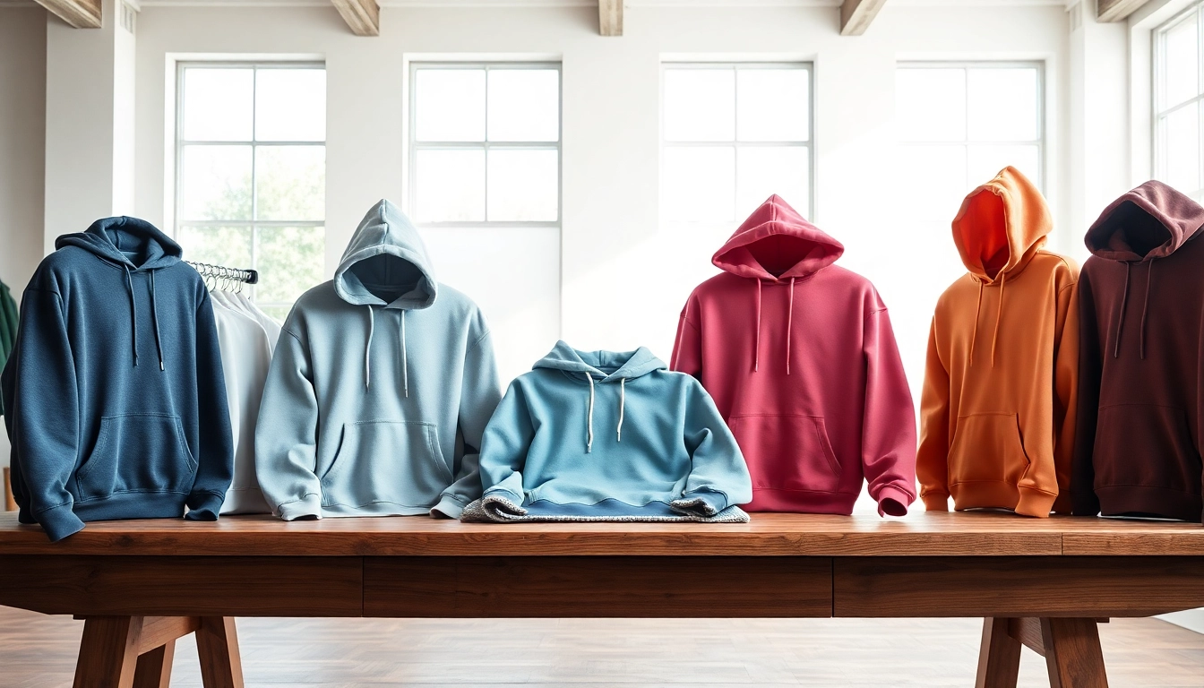 Showcase of colorful blank hoodies on a wooden table in a bright studio setting.