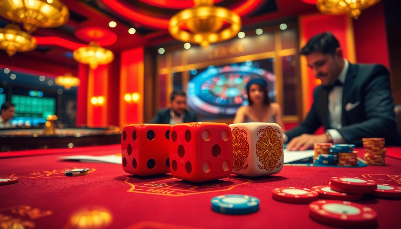 Engaging in a thrilling game of Tài Xỉu at https://taixiumd5.fan/ with vibrant casino elements like dice and betting chips.