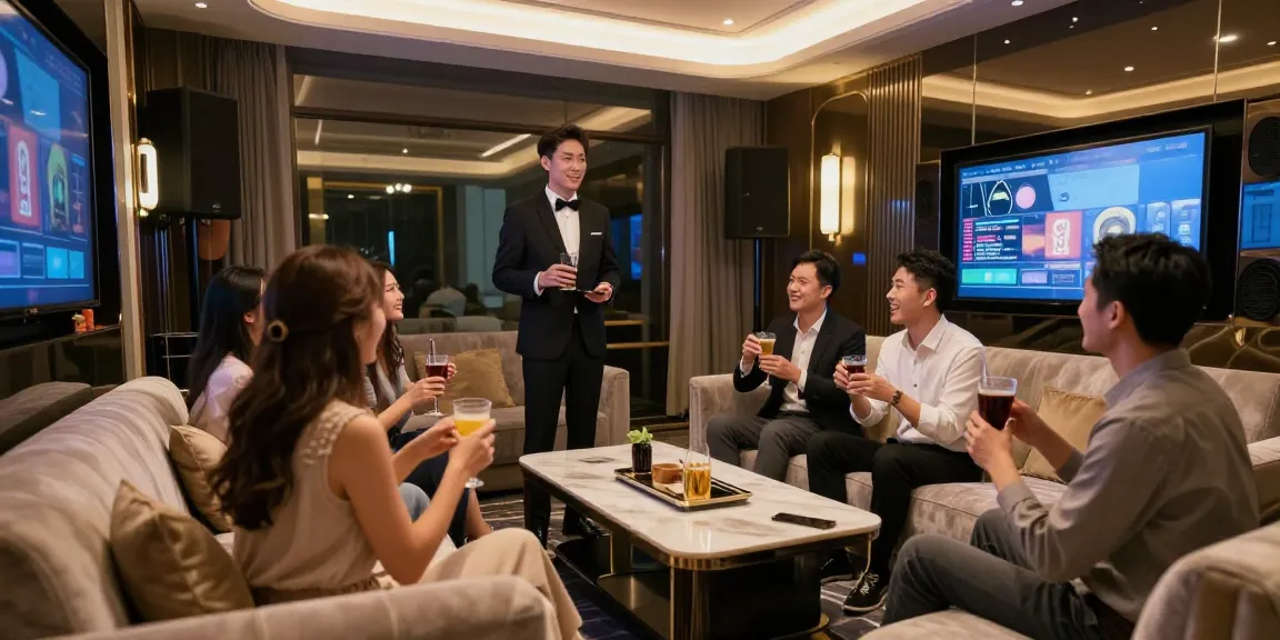 강남구구단의 프리미엄 가라오케 룸에서 전문 호스트가 손님과 대화하며 음료를 제공하는 모습