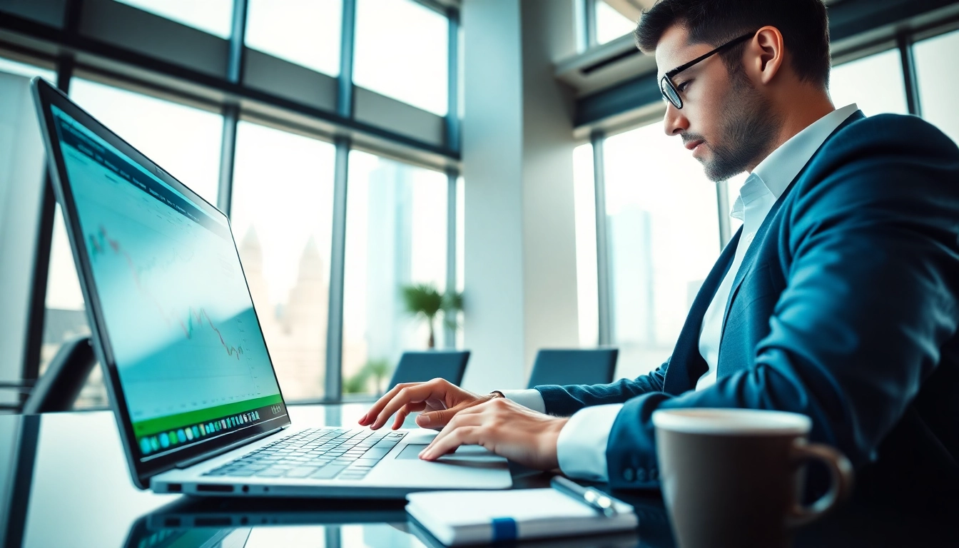 Trader engaging with hotforex mt4 platform in a modern office, analyzing market data.