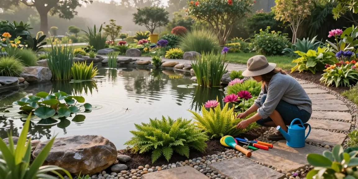Pond Plants displayed in a tranquil garden pond with a gardener arranging vibrant aquatic flora.
