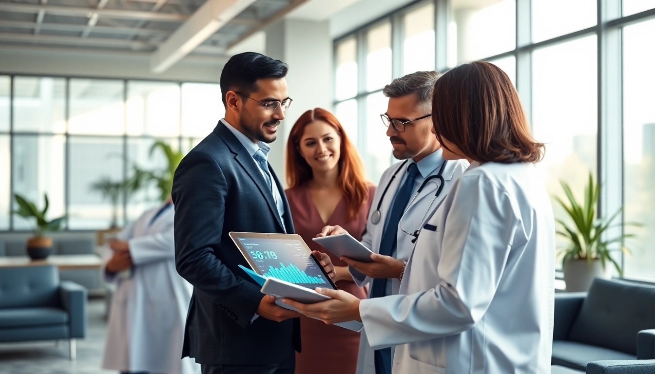 Engaged healthcare team discussing solutions at https://www.medexdtc.com in a modern office.
