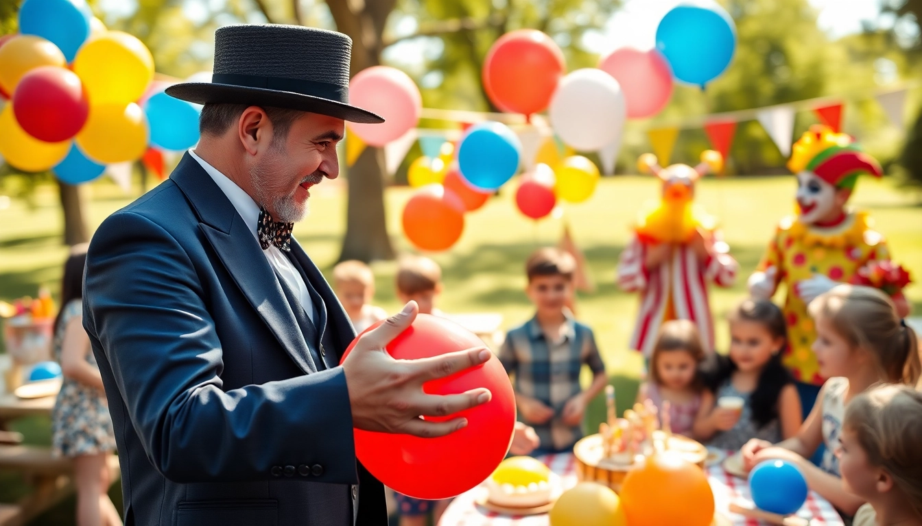Birthday party entertainers engaging children with magic and juggling at a vibrant outdoor celebration.
