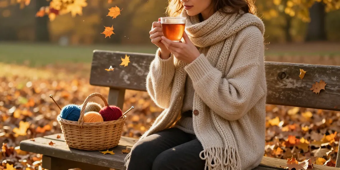 Woman in a wool cardigan enjoying tea in a cozy autumn setting.