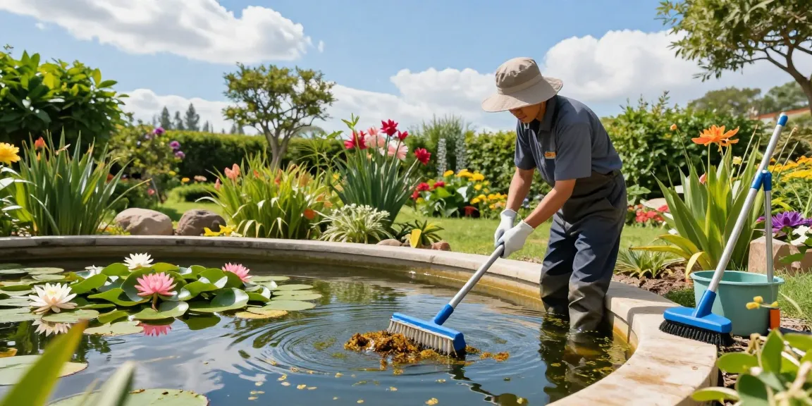 Pond Clean Kent service showing professional cleaning garden pond, removing algae and debris.