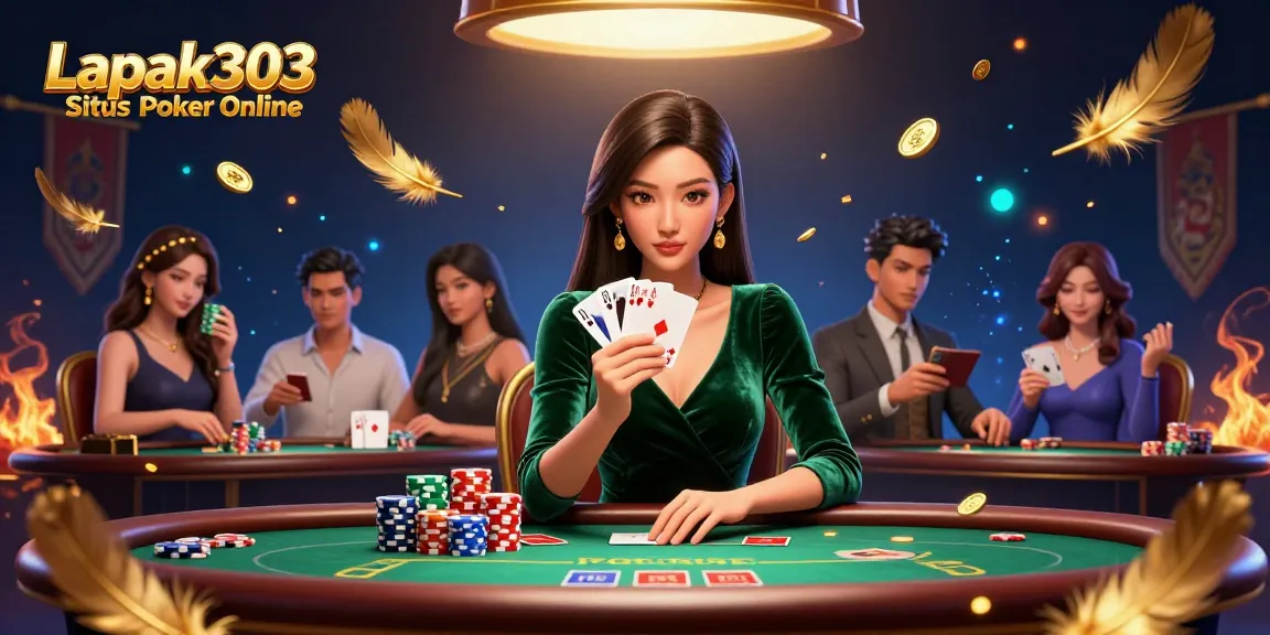 Engage with Lapak303 Situs Poker Online, featuring a stunning poker scene with dynamic elements.
