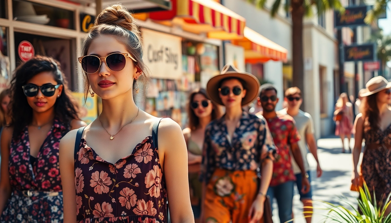 Shop stylish vintage clothing at https://thrift-vintage.com featuring unique thrift fashion in a bustling street setting.