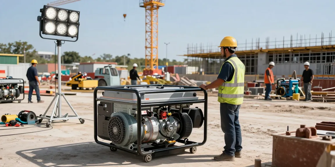 Gas generator supplying power at a bustling construction site with workers using tools.