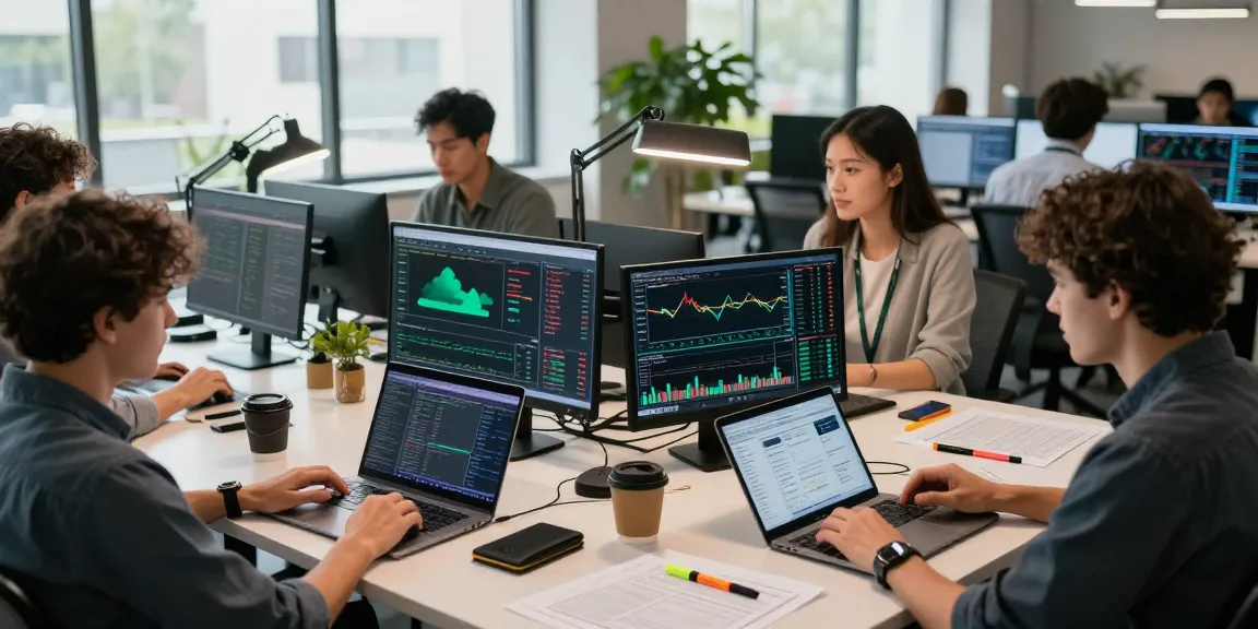 Green energy cloud mining statistics displayed on laptops in a collaborative cryptocurrency workspace, with charts and blockchain metrics.