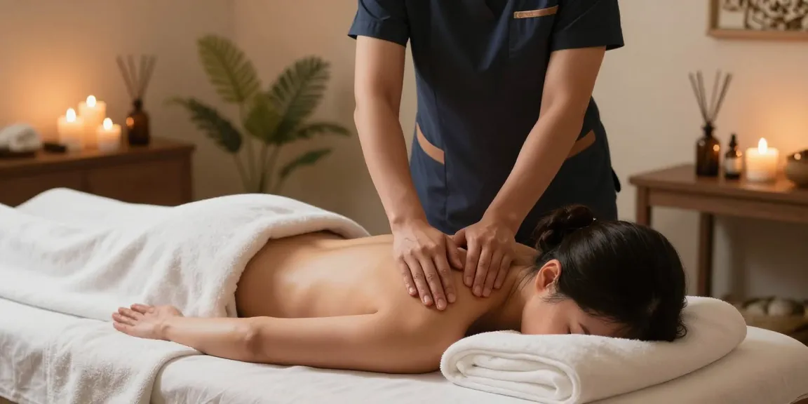 마사지 치료사가 고객에게 스웨디시 마사지를 제공하는 편안한 스파 환경