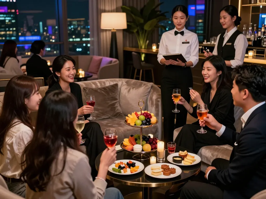 Guests enjoying a sophisticated atmosphere at 강남쩜오 lounge.