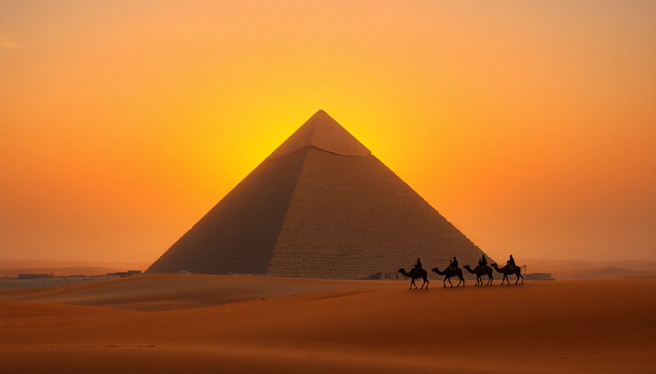 Piraminds towering over the desert as sunlight bathes their ancient stones.