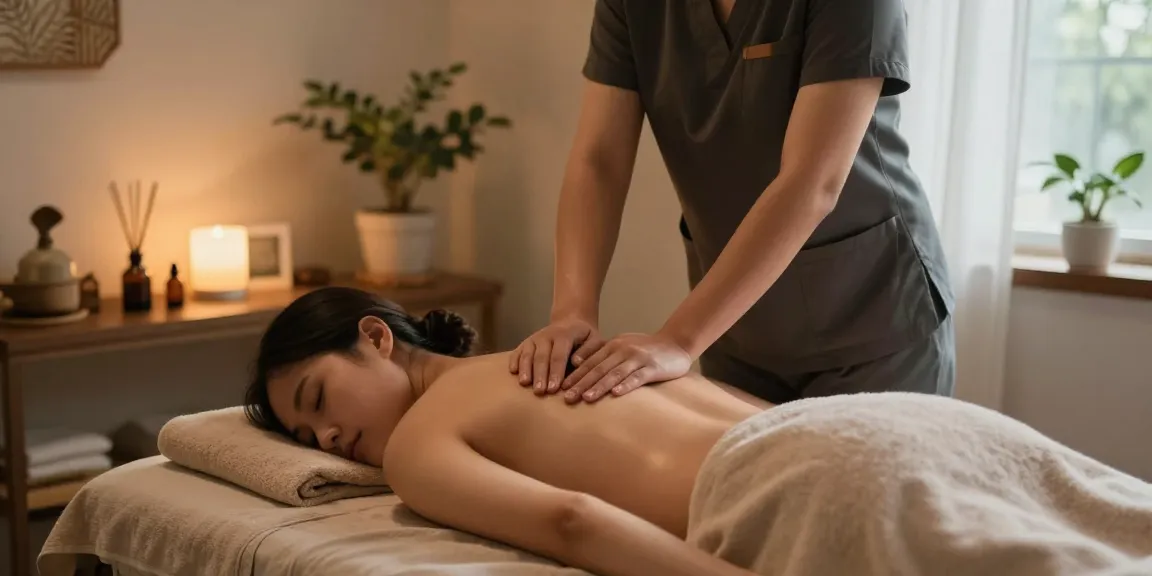Massage therapy session with a therapist using aromatic oils in a serene room for stress relief and relaxation.