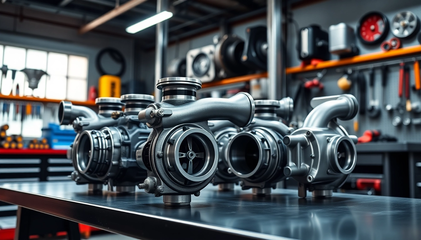 Turbosmart turbochargers showcased in an automotive workshop, showcasing intricate design and high-quality engineering.