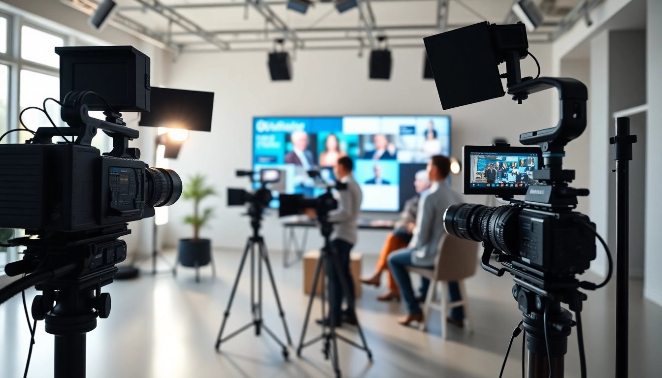 Engaged team collaborating on corporate video production Phoenix amidst modern studio equipment.