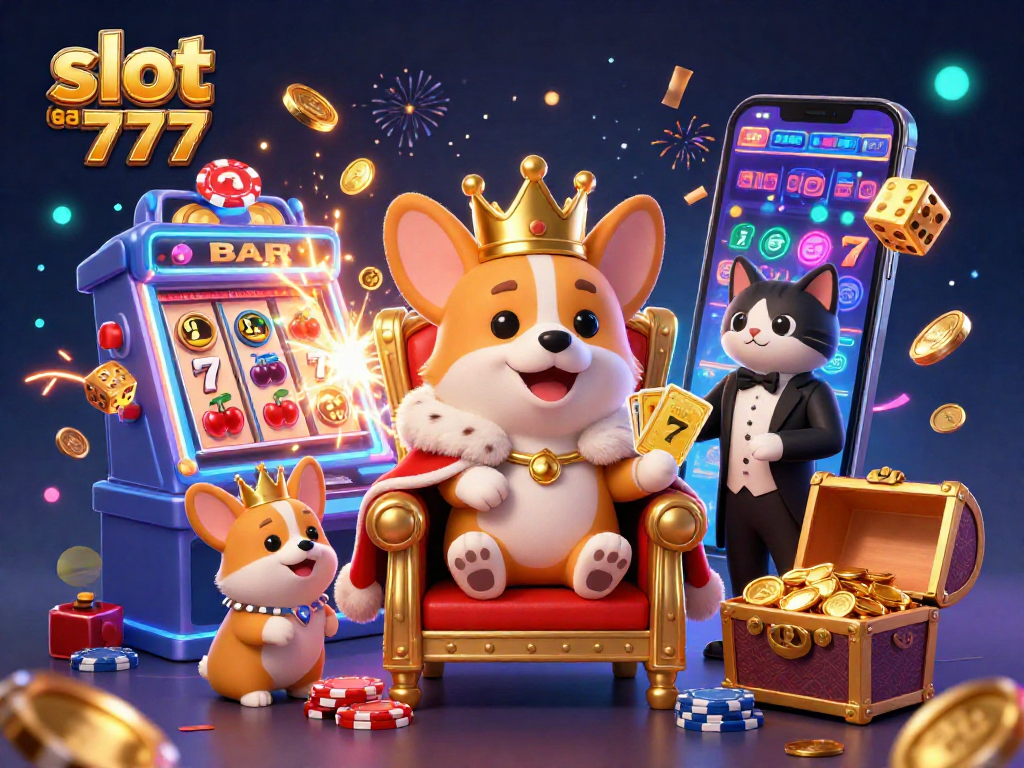 Engage with the dynamic scene featuring slot gacor 777 where a royal corgi enthroned amidst celebration encapsulates winning strategies and jackpot excitement.