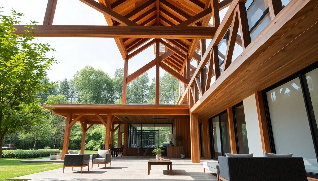 Showcasing timber frame solutions in a modern setting with intricate details and natural lighting.