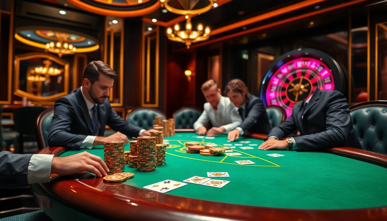 High-stakes poker game scene at https://okwin68.net/, featuring focused players and luxury casino elements.