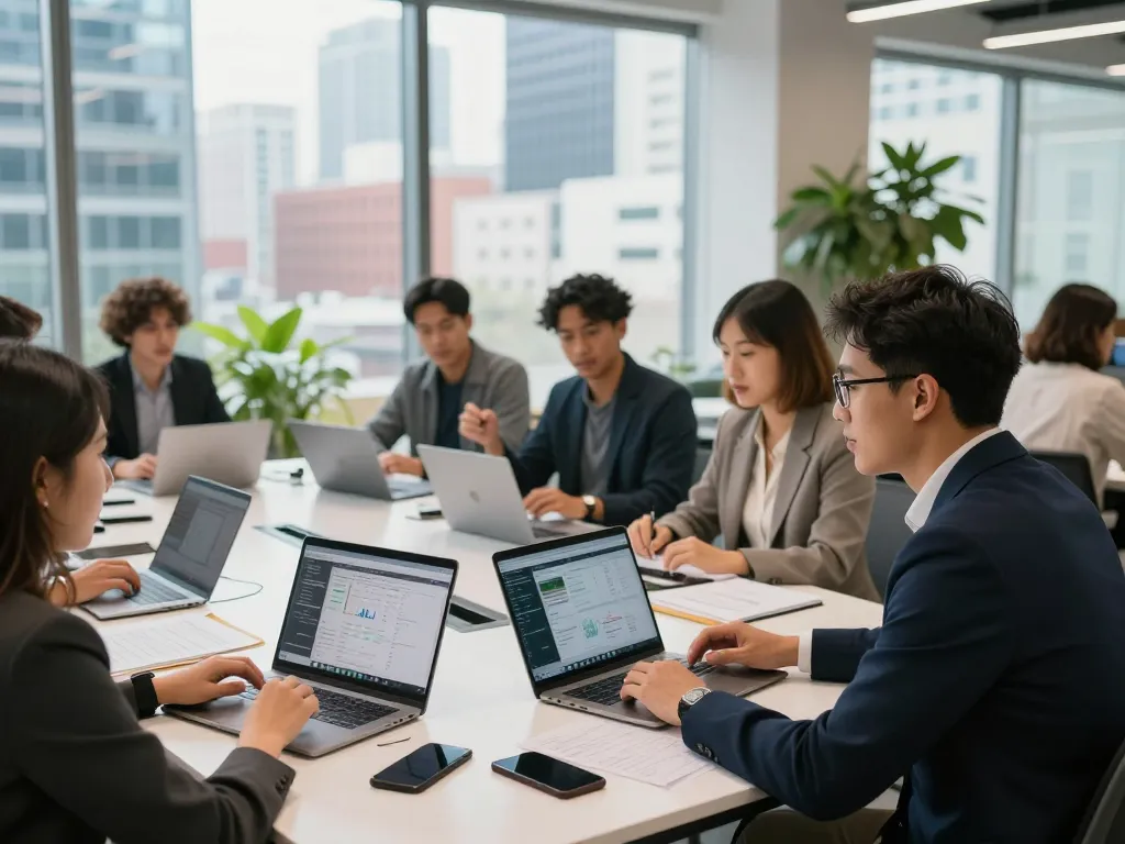 현대적인 작업 공간에서 폰테크 나라에 대해 협업하는 젊은 전문가들, 금융 혁신과 팀워크를 보여줍니다.