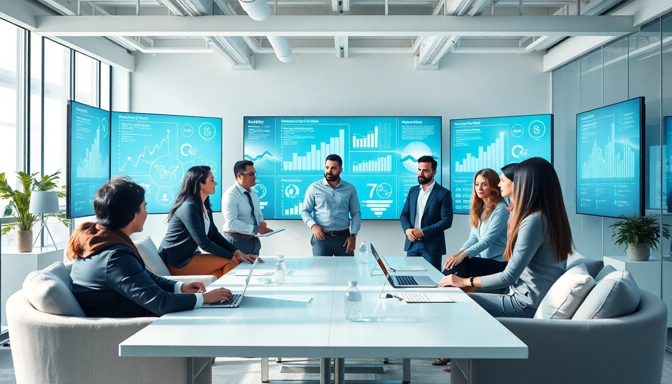 Engaged professionals collaborating on digital transformation services in a modern office.