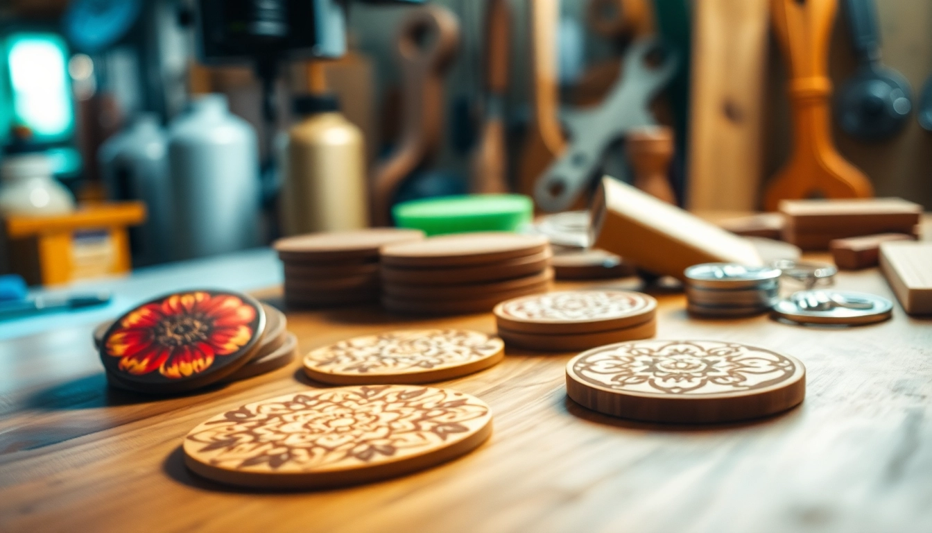 Showcasing precise laser engraving designs on wooden coasters and keychains, highlighting intricate details.