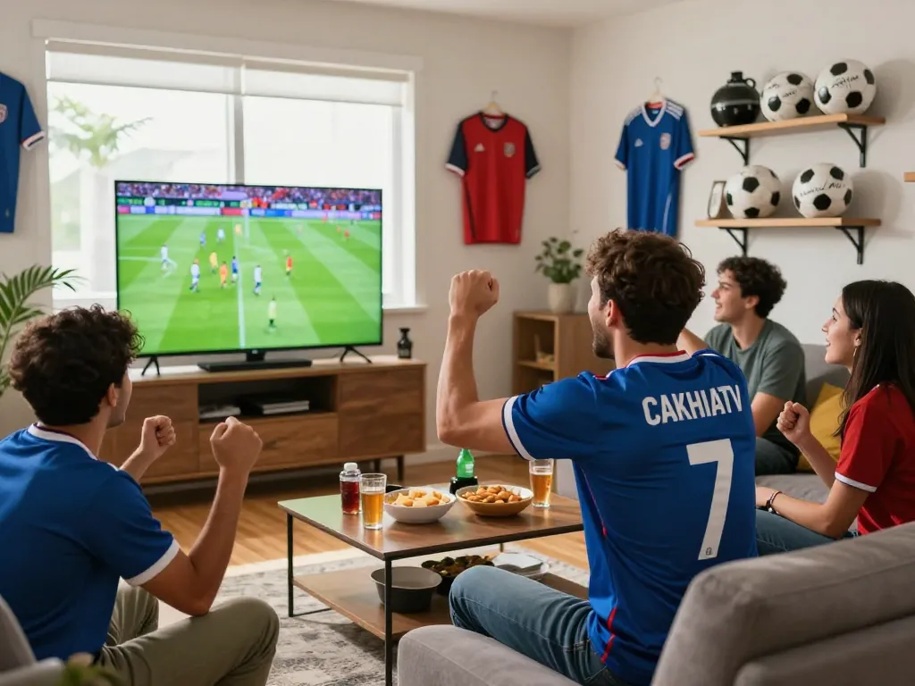 Cakhiatv fan enjoying a live football match in a lively living room setting with passionate friends and memorabilia.