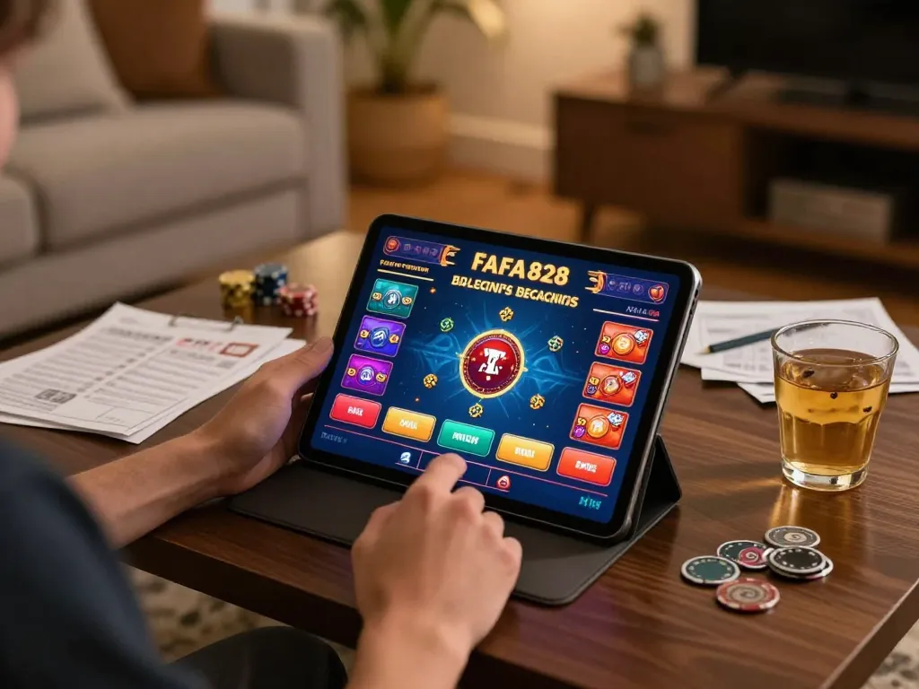 Player enjoying FAFA828 online slot games in a cozy home setup with strategy notes.