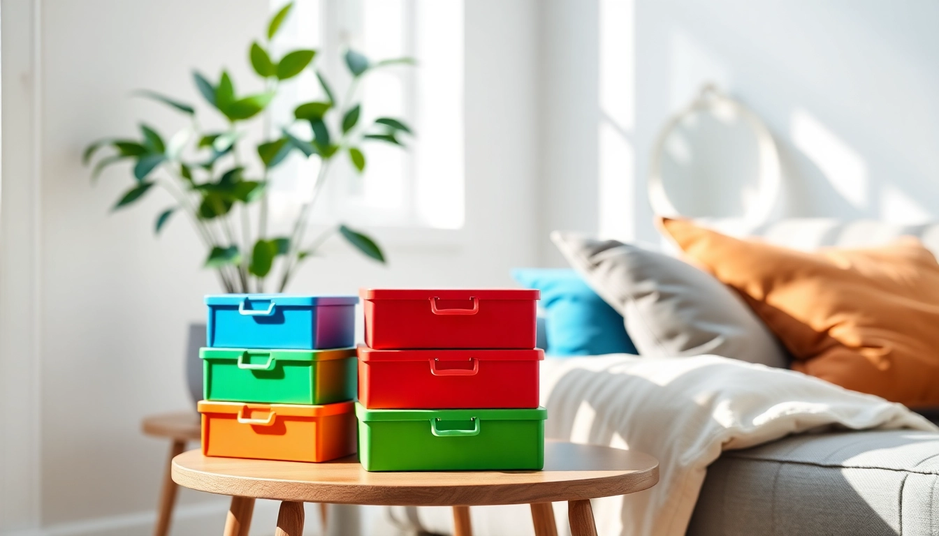 Organized storage boxes arranged beautifully in a bright living room setting.