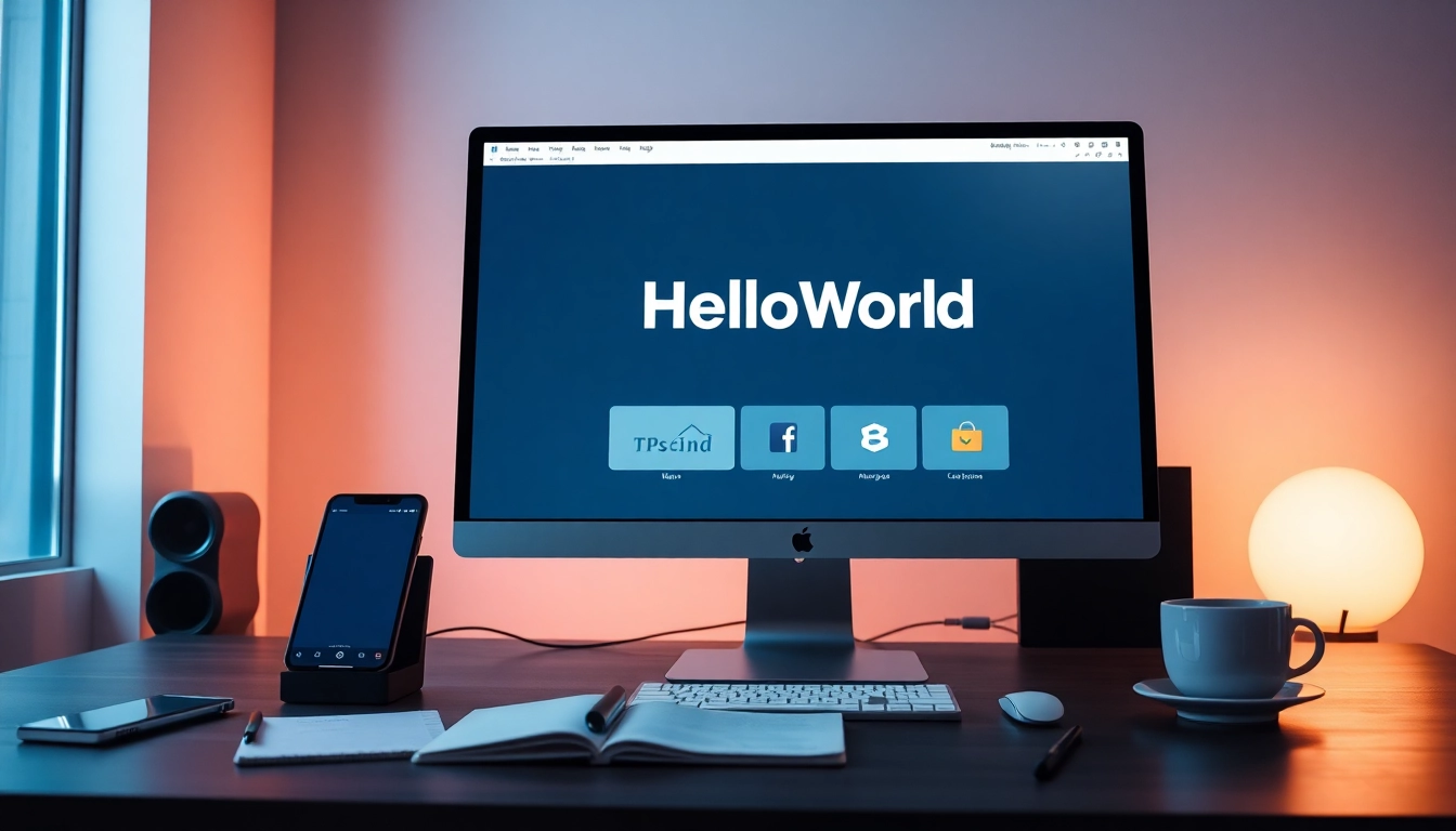 HelloWorld software interface on a modern workspace computer, showcasing easy connectivity.