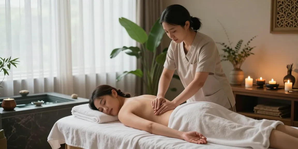 두정동마사지 중인 고객과 치료사의 차분한 분위기, 편안한 스파 환경