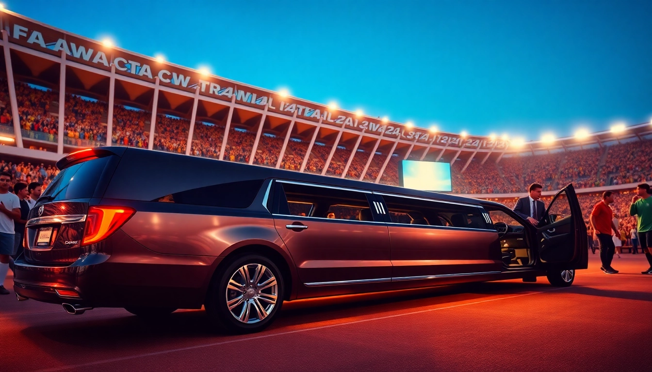 World Cup Group Transportation featuring a luxurious limousine outside a stadium filled with excited fans.