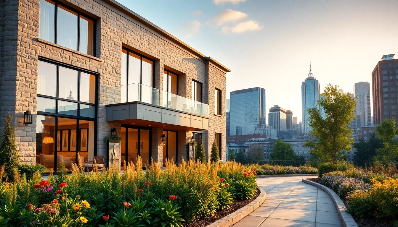 Luxury home architect Boston showcasing a modern, elegant facade with unique stonework in an upscale setting.